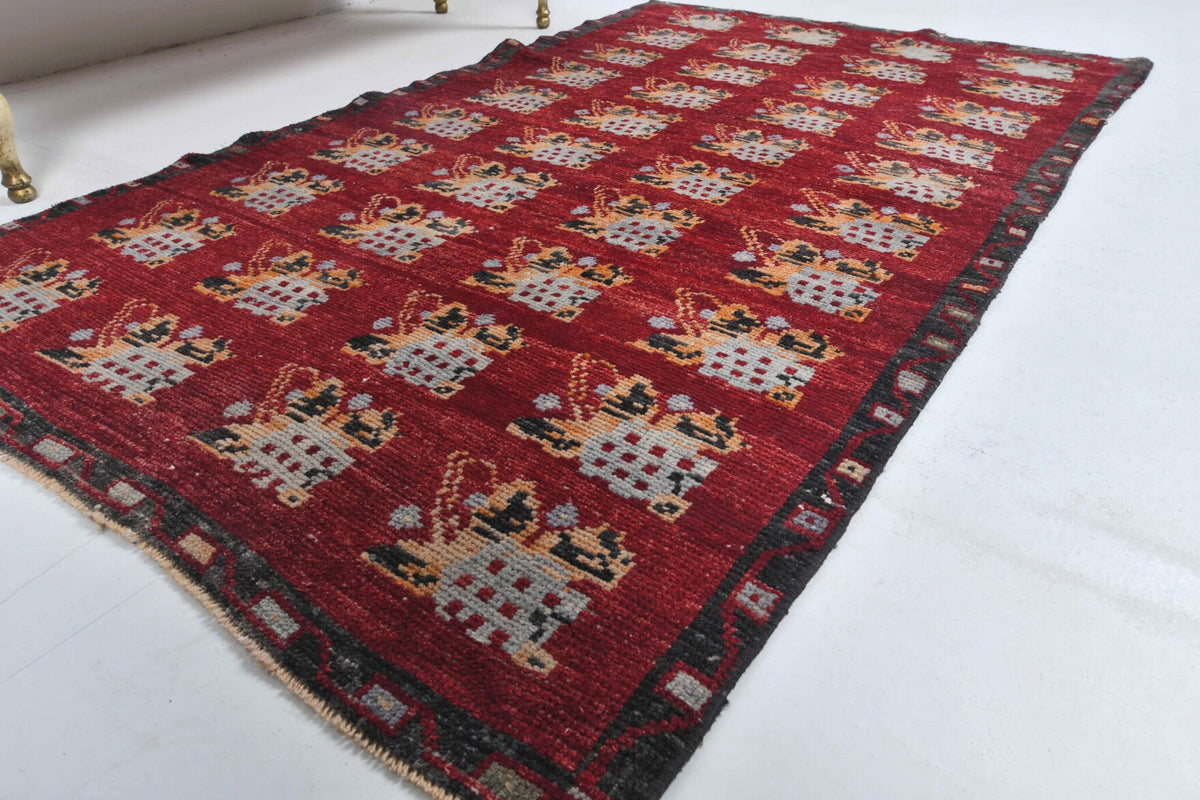 El yapımı vintage halı 91x152 cm i̇kat desenli yün - detay görünümü