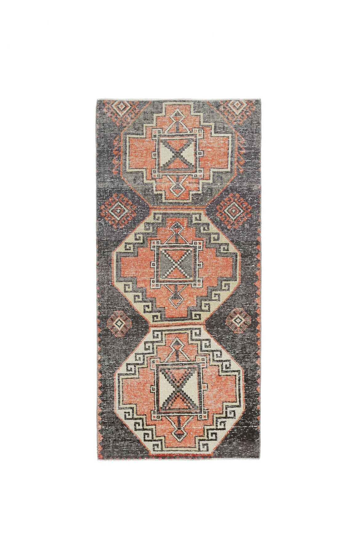 El yapımı vintage halı 81x180 cm geometrik desenli yün - üstten görünüm
