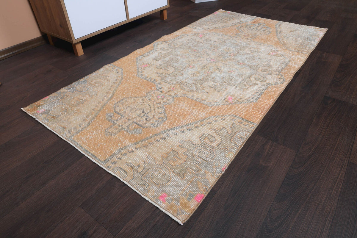 El yapımı vintage halı 94x193 cm oryantal desenli yün - yakın çekim doku detayı