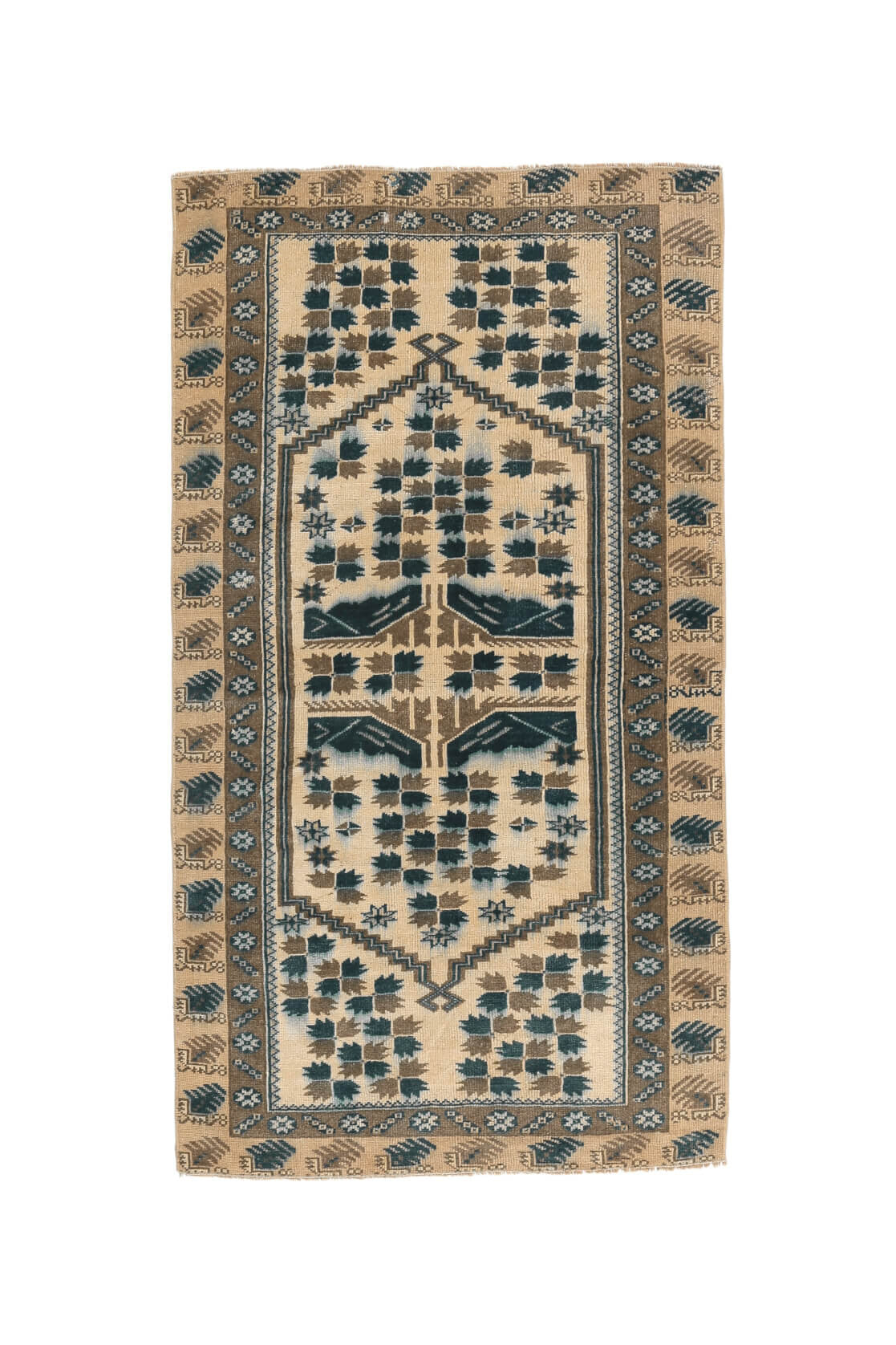 95x172 cm turuncu, kahverengi ve bej bordürlü el dokuma vintage halı – üstten tam görünüm
