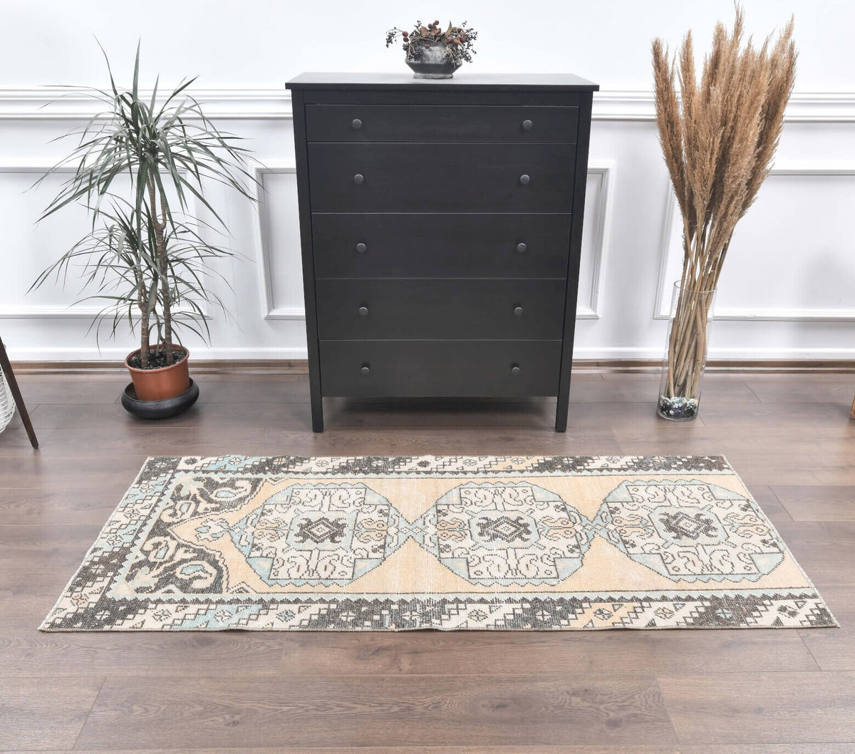 El yapımı vintage yolluk 61x183 cm geometrik desenli yün - detay görünümü