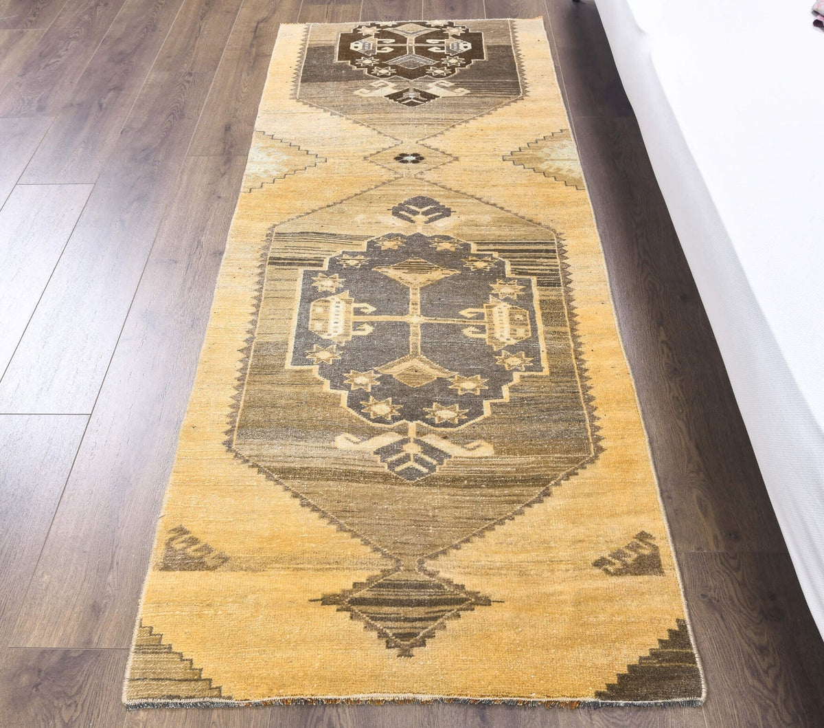 El yapımı vintage yolluk 79x196 cm tribal desenli yün - yakın çekim doku detayı