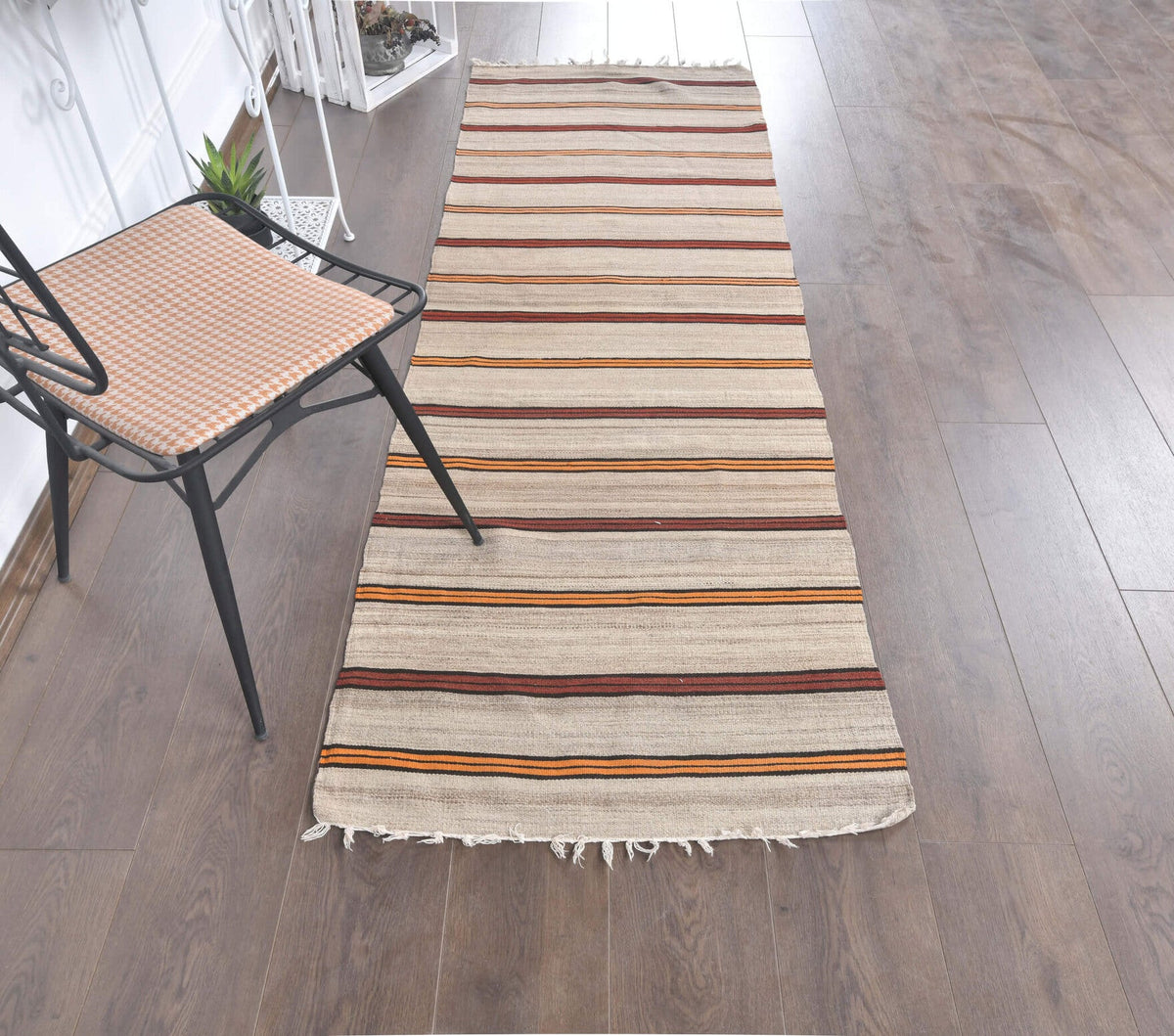 El yapımı vintage yolluk 94x218 cm çizgili desenli yün - yakın çekim doku detayı
