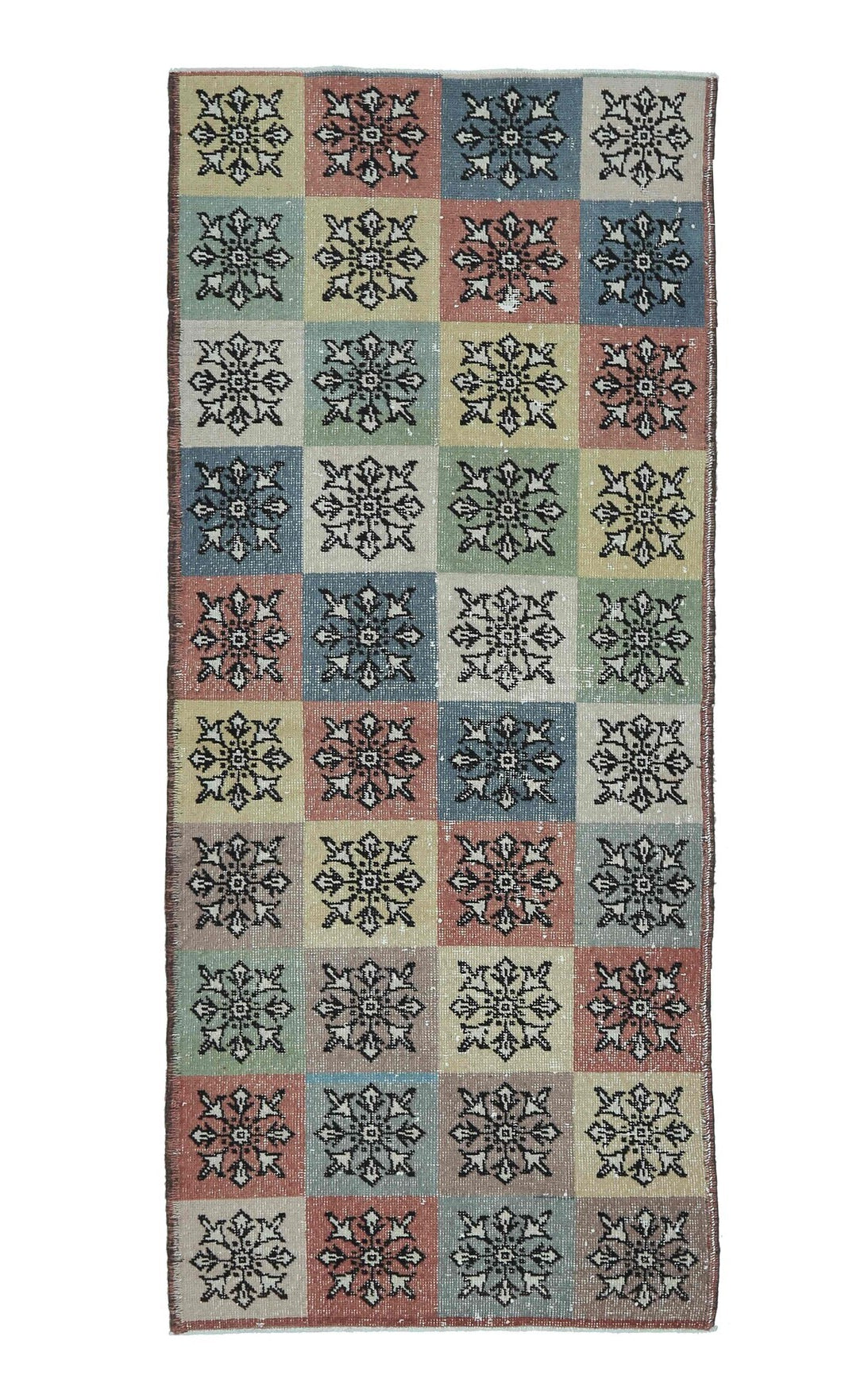 95x218 cm gri, bej ve kahverengi ikat desenli el dokuma vintage yolluk – üstten tam görünüm