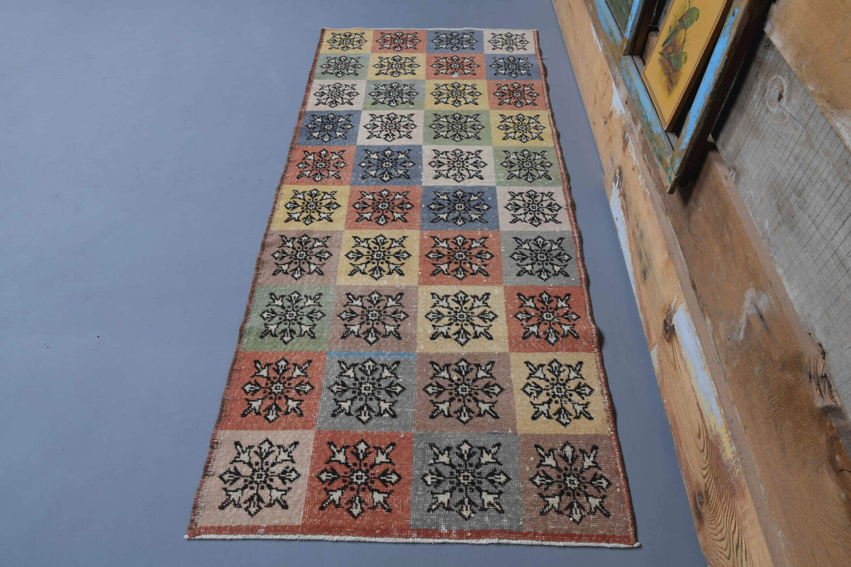1970'lerden Anadolu kökenli ikat desenli el dokuma vintage yolluk, 95x218 cm