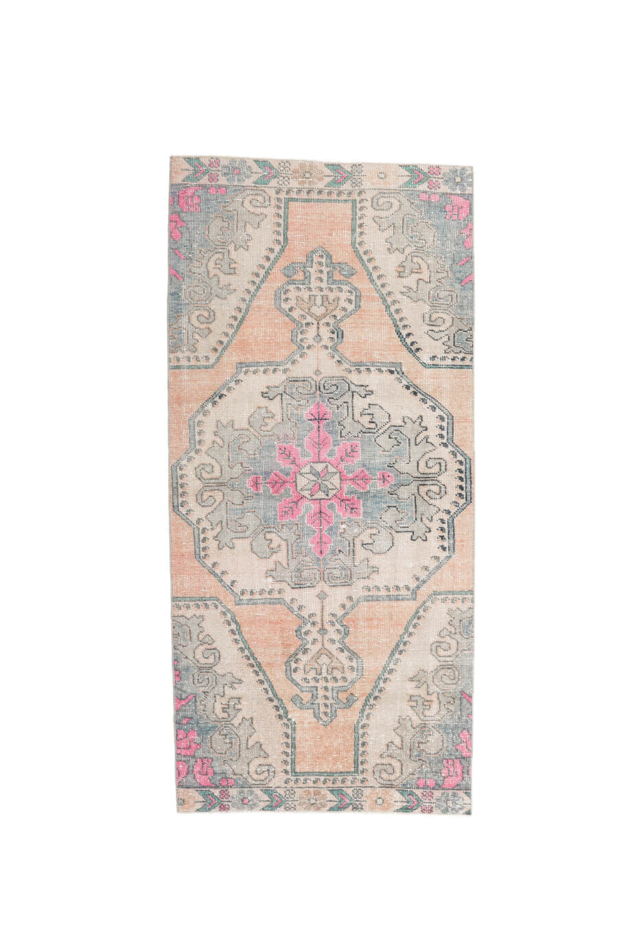 98x214 cm bej, turuncu ve gri çiçek desenli el dokuma vintage halı – üstten tam görünüm