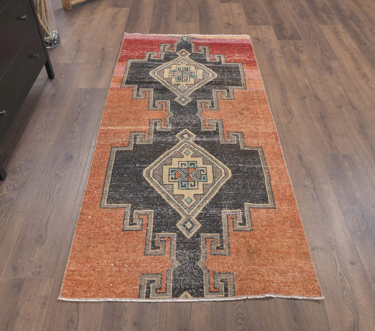 El yapımı vintage yolluk 91x198 cm geometrik desenli yün - detay görünümü