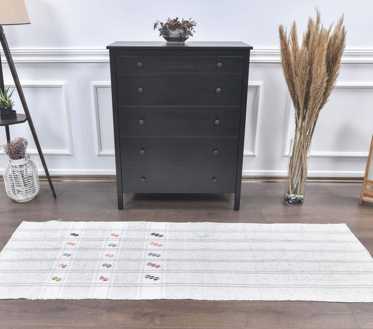 El yapımı vintage yolluk 76x218 cm çizgili desenli yün - yakın çekim doku detayı