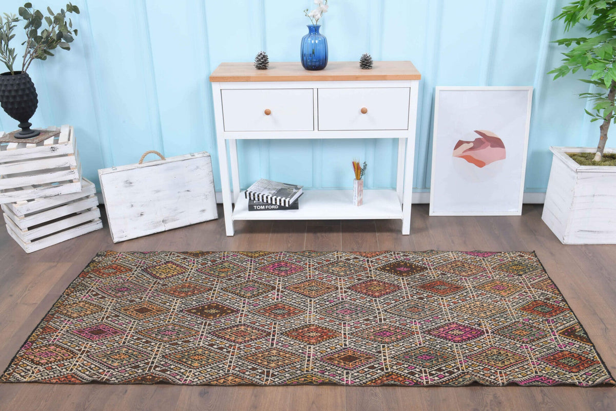 El yapımı vintage yolluk 91x224 cm kilim desenli yün - detay görünümü