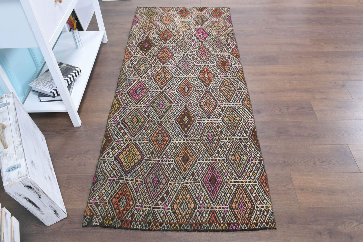 El yapımı vintage yolluk 91x224 cm kilim desenli yün - yakın çekim doku detayı