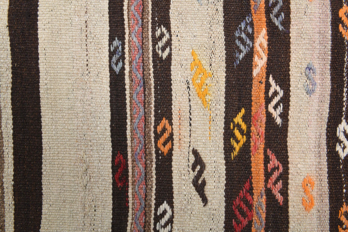 Turuncu, kahverengi ve bej renkli vintage kilim yolluk, %100 yün dokuma