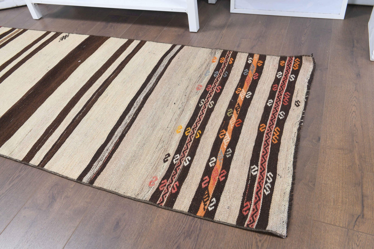Vintage yolluk 78x203 cm – turuncu, kahverengi ve bej çizgili, el dokuma