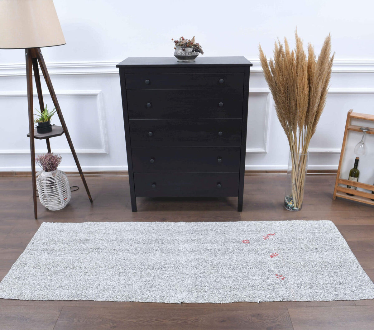 El yapımı vintage yolluk 76x218 cm düz desenli yün - yakın çekim doku detayı