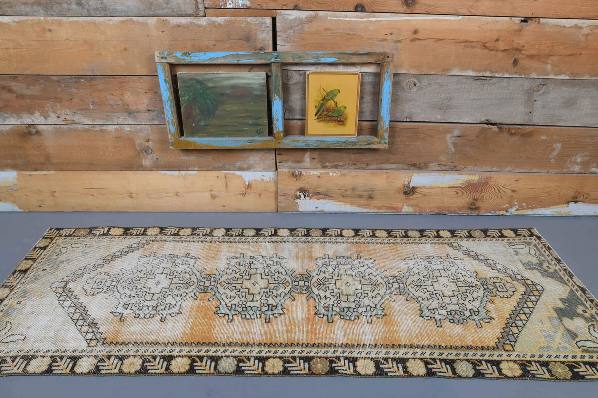 El yapımı vintage yolluk 91x254 cm oryantal desenli yün - yakın çekim doku detayı