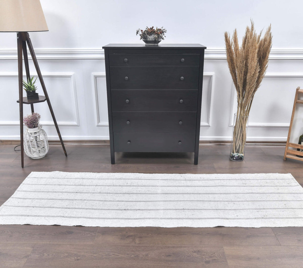 El yapımı vintage yolluk 76x244 cm çizgili desenli yün - yakın çekim doku detayı
