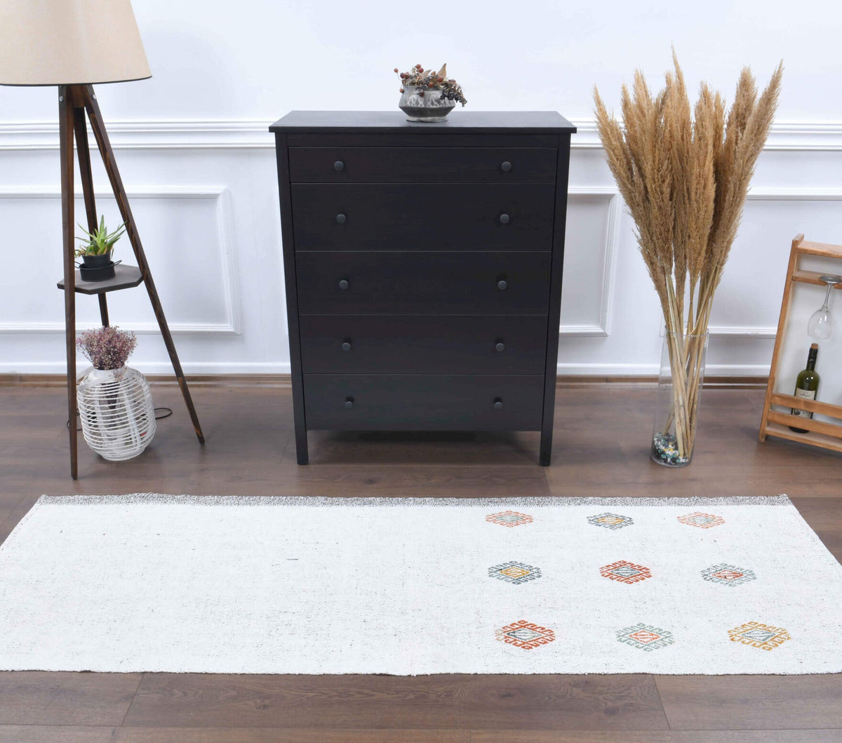 El yapımı vintage yolluk 79x241 cm düz desenli yün - yakın çekim doku detayı