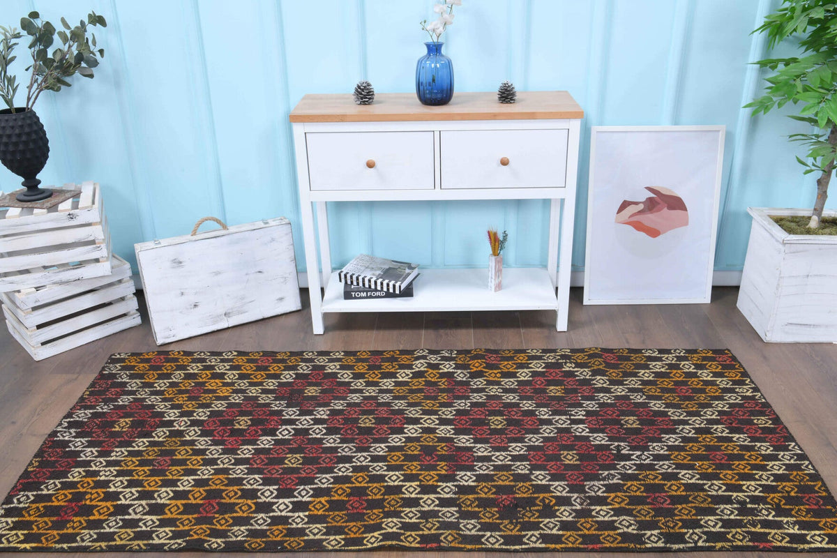 El yapımı vintage yolluk 97x229 cm i̇kat desenli yün - detay görünümü