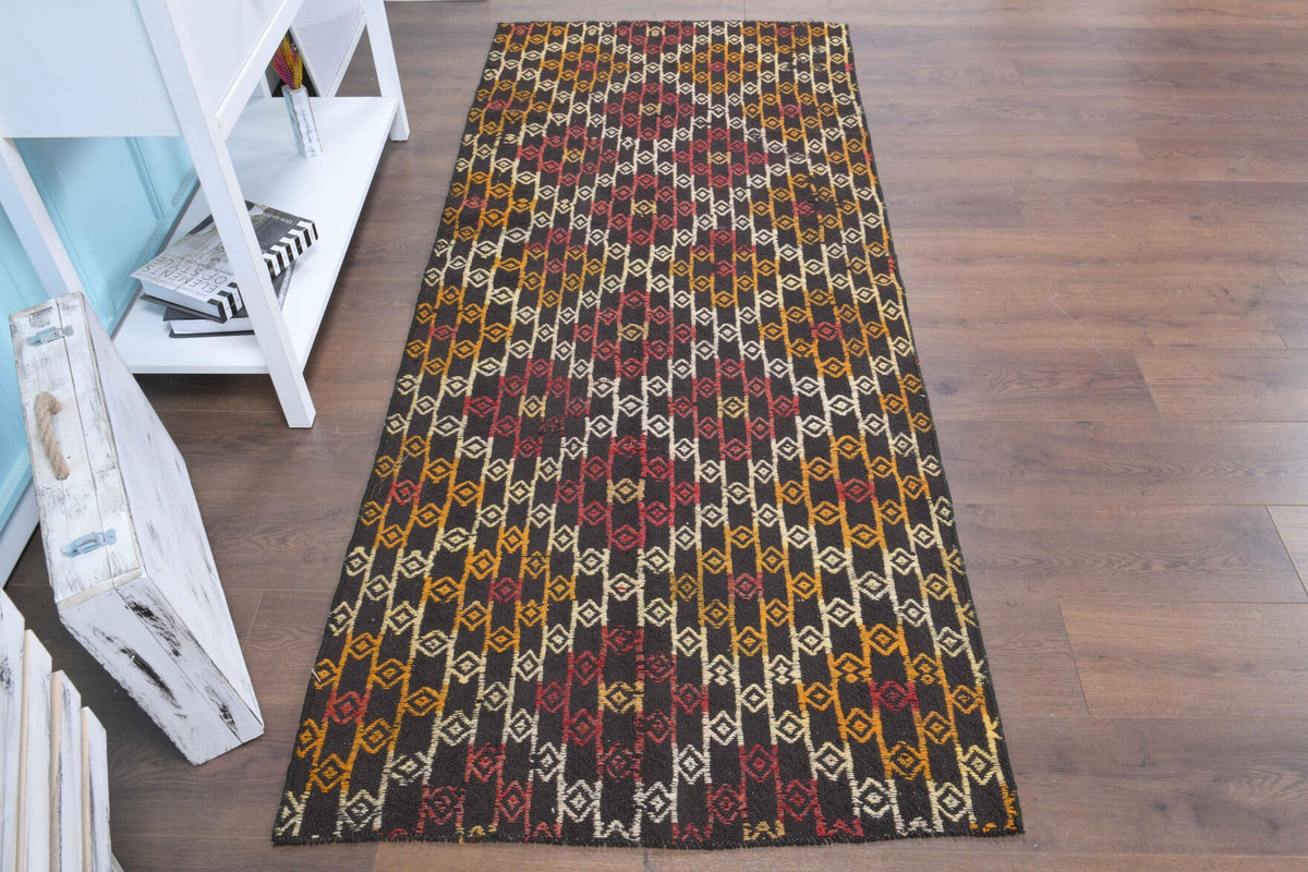 El yapımı vintage yolluk 97x229 cm i̇kat desenli yün - yakın çekim doku detayı