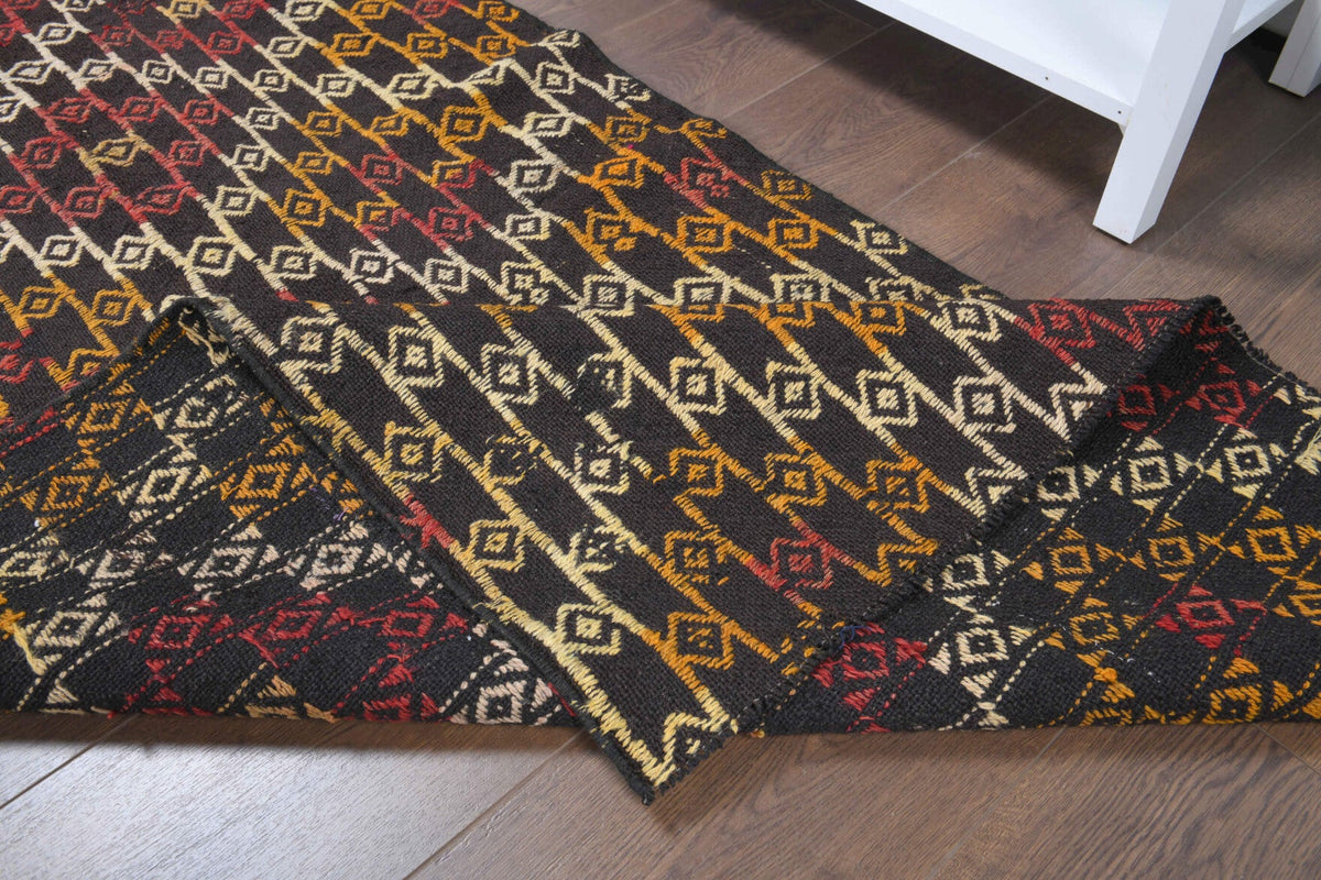 Kahverengi ve kırmızı renkli vintage kilim yolluk, %100 yün dokuma