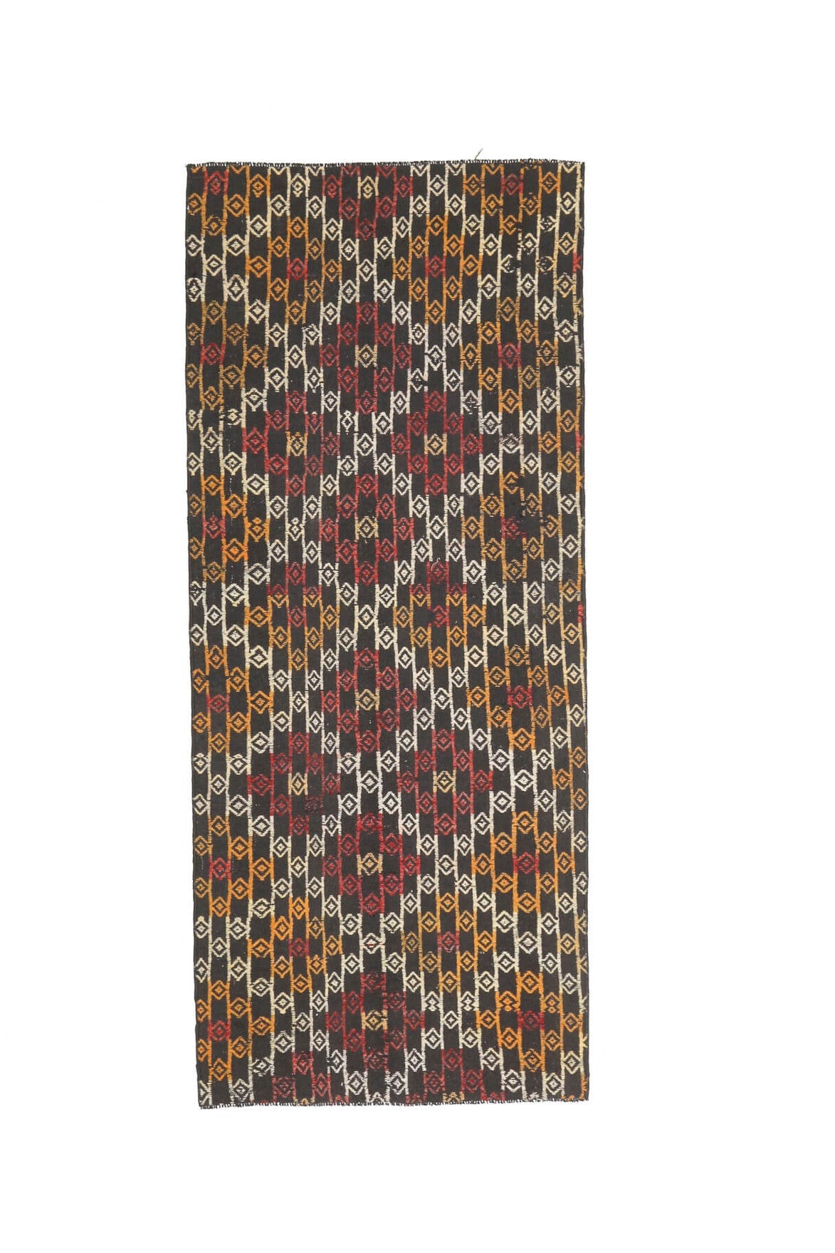 97x230 cm kahverengi ve kırmızı ikat desenli vintage kilim yolluk – üstten tam görünüm