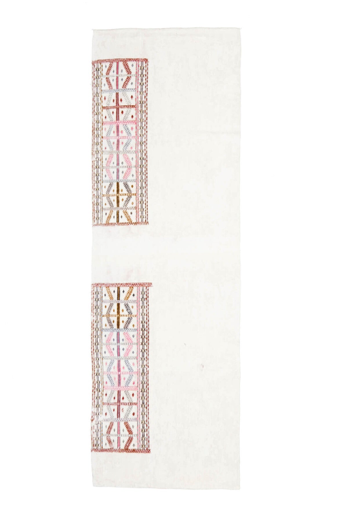 75x241 cm beyaz, bej ve pembe düz zeminli vintage kilim yolluk – üstten tam görünüm