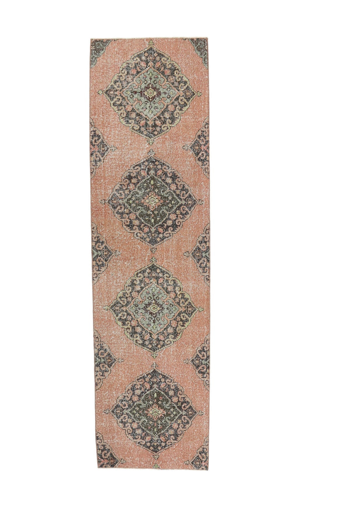 78x286 cm turuncu, kahverengi ve bej oryantal desenli el dokuma vintage yolluk – üstten tam görünüm
