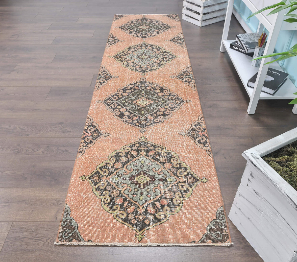 Antre ve koridor için oryantal desenli el dokuma vintage yolluk – 78x286 cm