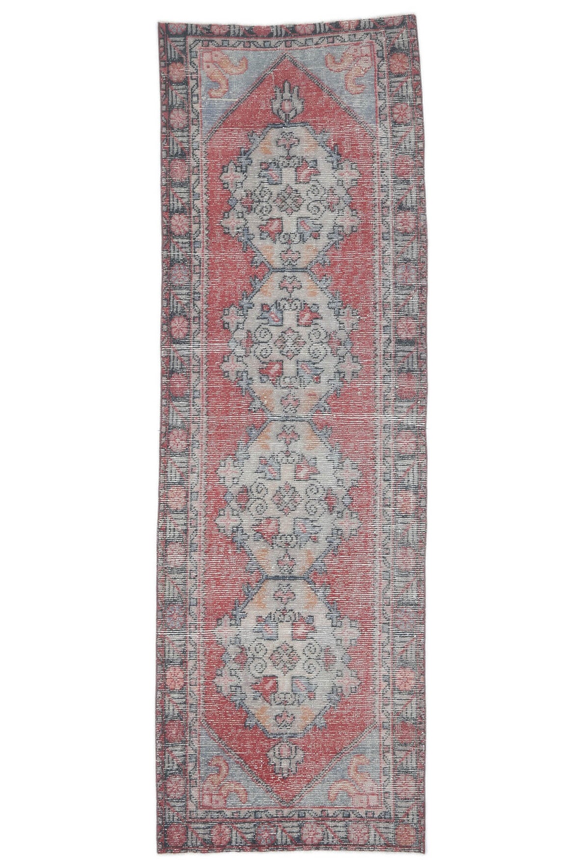 92x289 cm gri, pembe ve kırmızı oryantal desenli el dokuma vintage yolluk – üstten tam görünüm