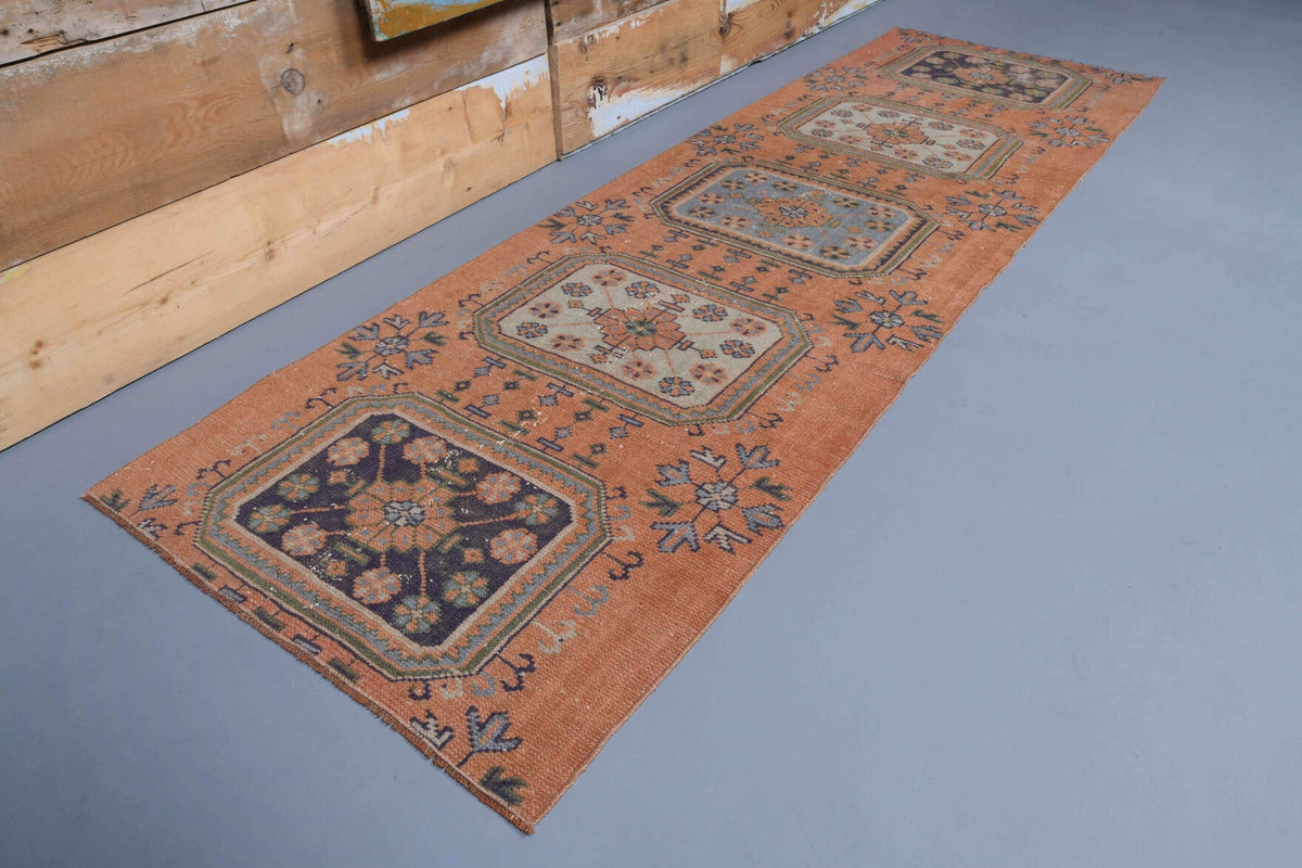 87x274 cm mavi, turuncu ve kahverengi çiçek desenli el dokuma vintage yolluk – üstten tam görünüm
