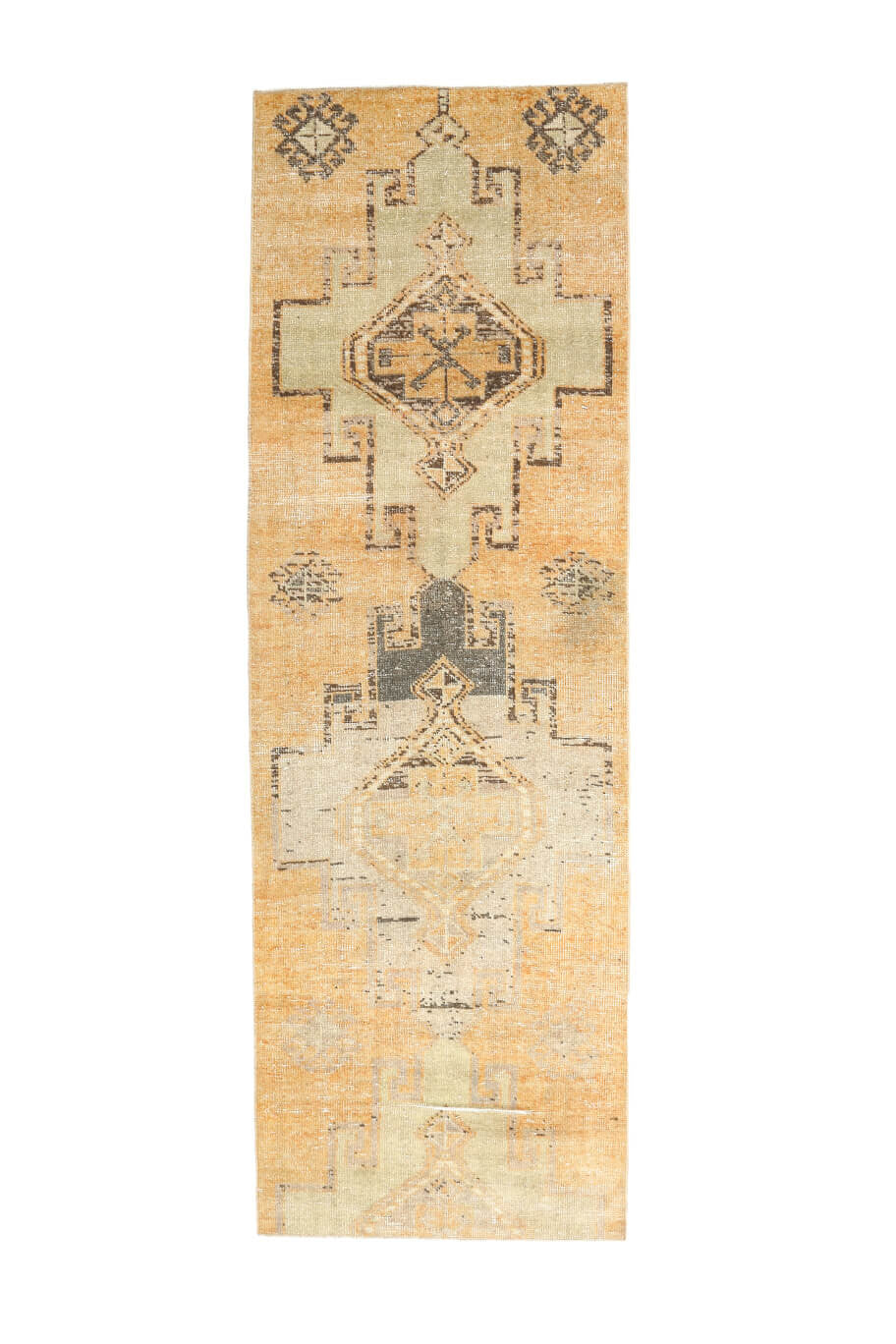 85x260 cm turuncu geometrik desenli el dokuma vintage yolluk – üstten tam görünüm