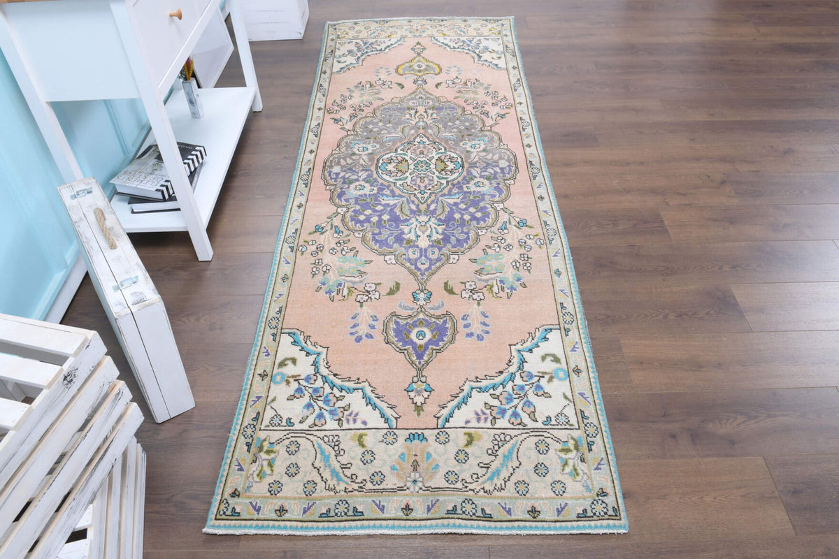 El yapımı vintage yolluk 94x279 cm oryantal desenli yün - yakın çekim doku detayı