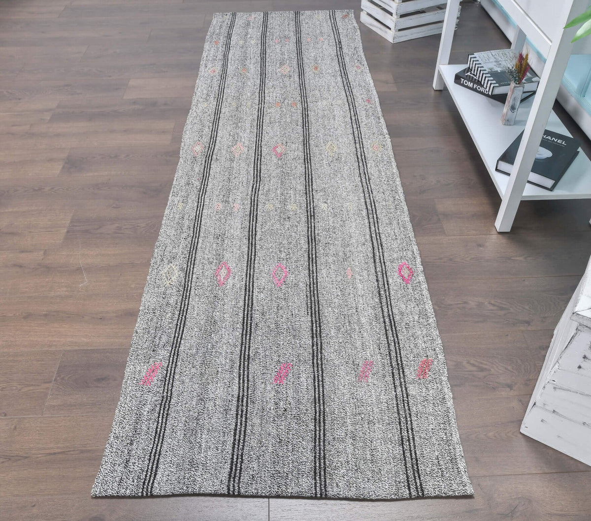 El yapımı vintage yolluk 79x272 cm çizgili desenli yün - detay görünümü