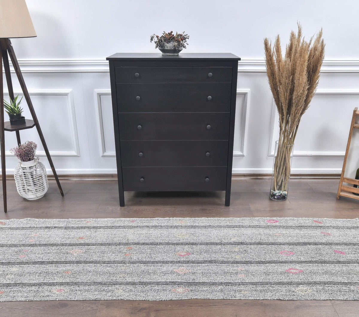 El yapımı vintage yolluk 79x272 cm çizgili desenli yün - yakın çekim doku detayı