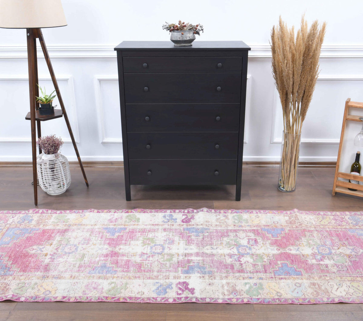 El yapımı vintage yolluk 91x274 cm oryantal desenli yün - yakın çekim doku detayı