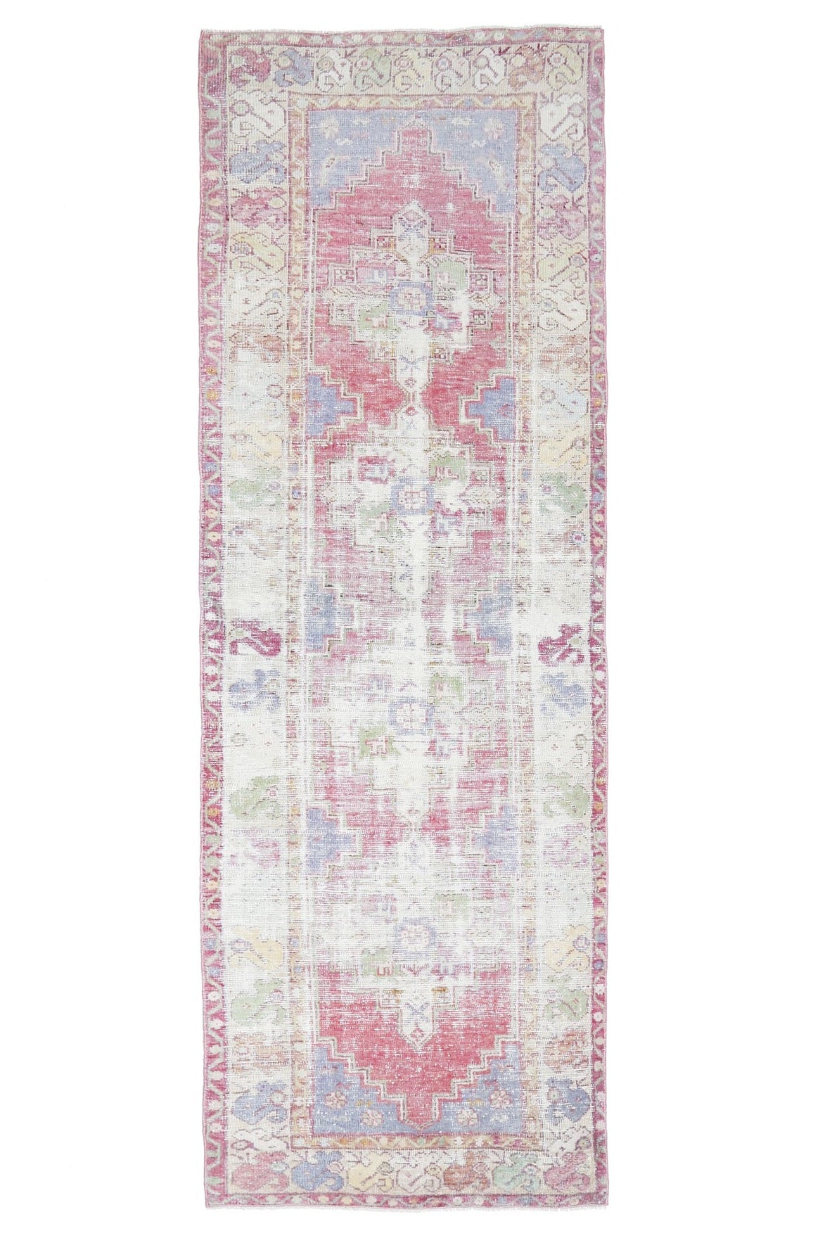 95x285 cm beyaz, pembe ve gri oryantal desenli el dokuma vintage yolluk – üstten tam görünüm