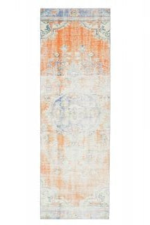 87x267 cm beyaz, bej ve turuncu oryantal desenli el dokuma vintage yolluk – üstten tam görünüm