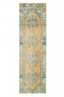 81x271 cm bej, turuncu ve yeşil oryantal desenli el dokuma vintage yolluk – üstten tam görünüm