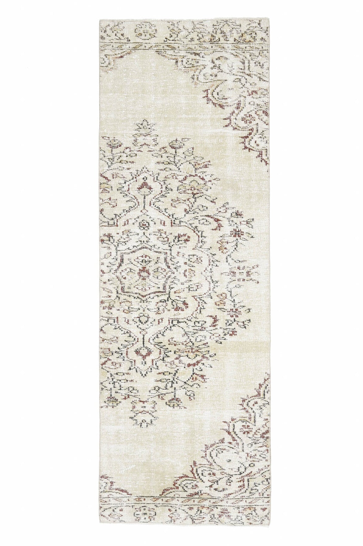 88x265 cm bej ve beyaz oryantal desenli el dokuma vintage yolluk – üstten tam görünüm
