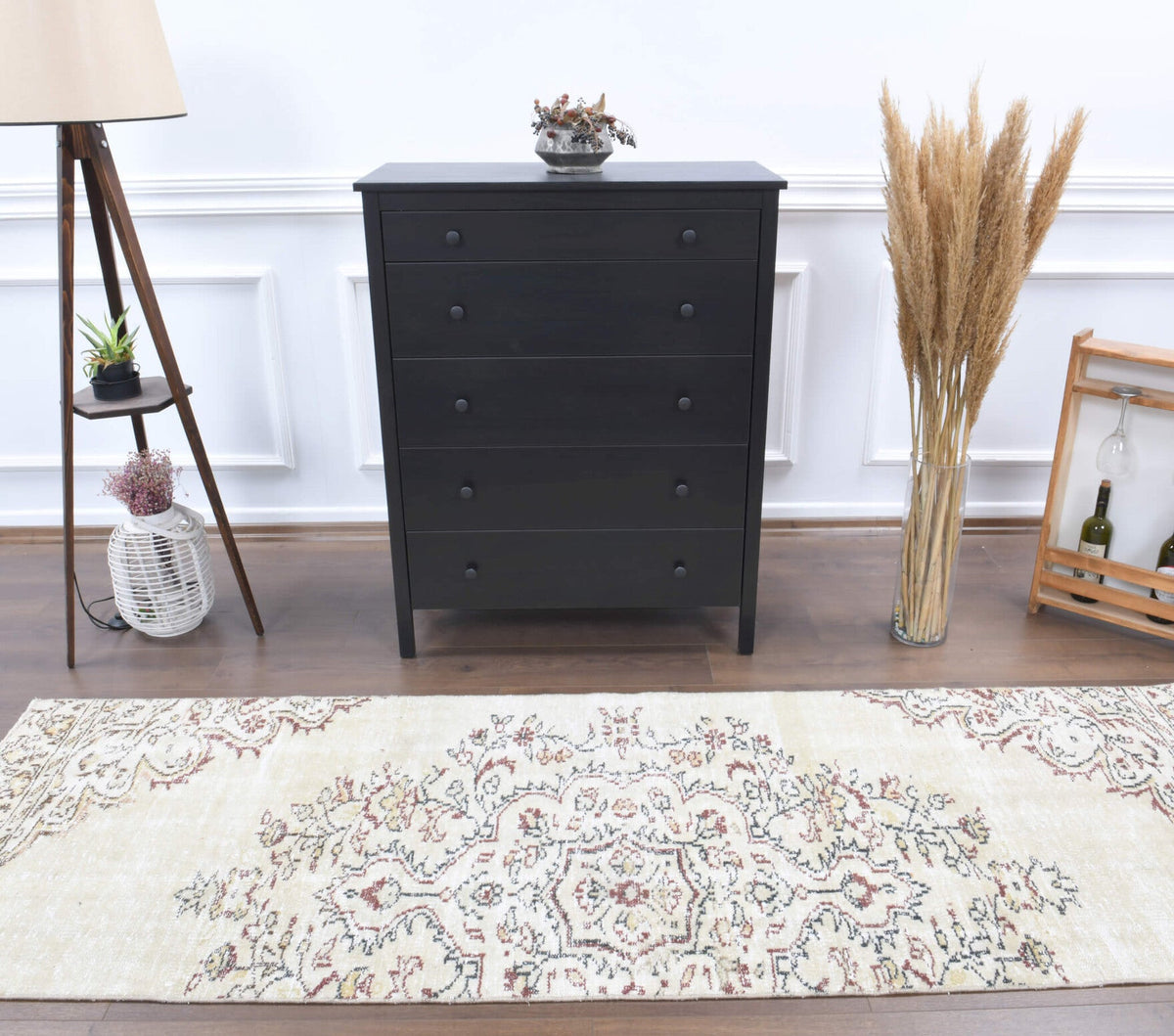 Vintage yolluk 88x265 cm – bej ve beyaz oryantal desenli, el dokuma
