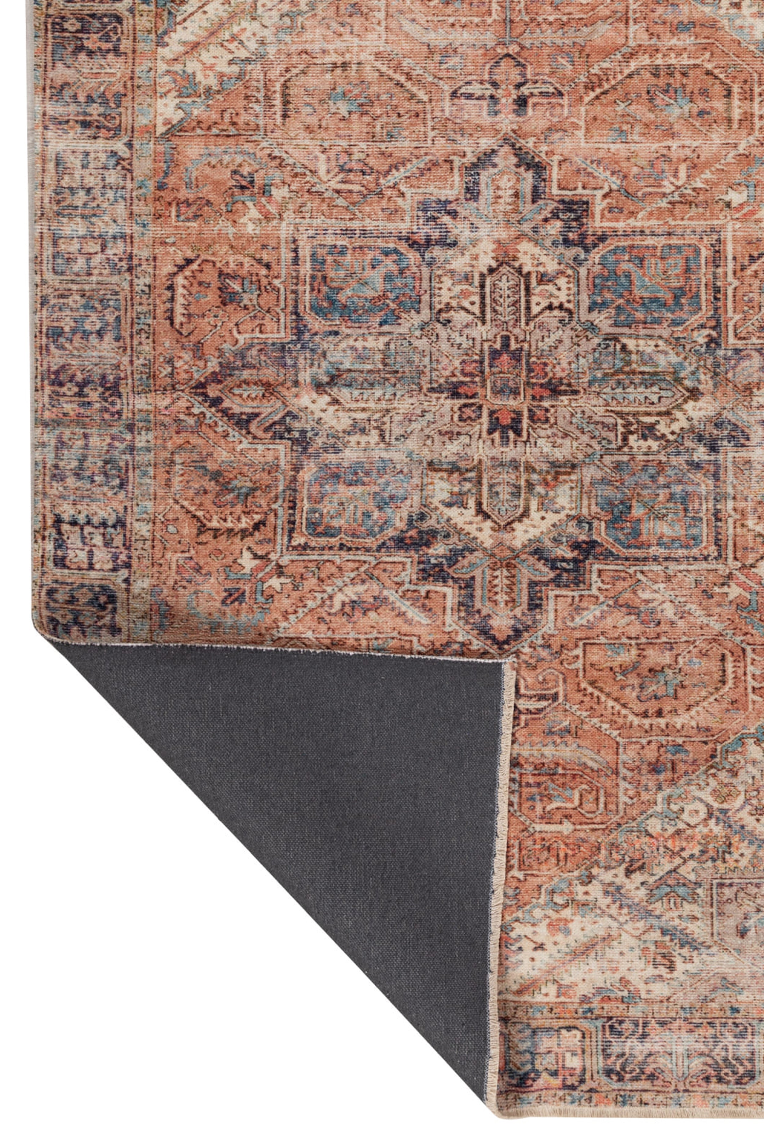 Kiremit ve Mavi Geleneksel Madalyon Eskitme Tasarım Halı