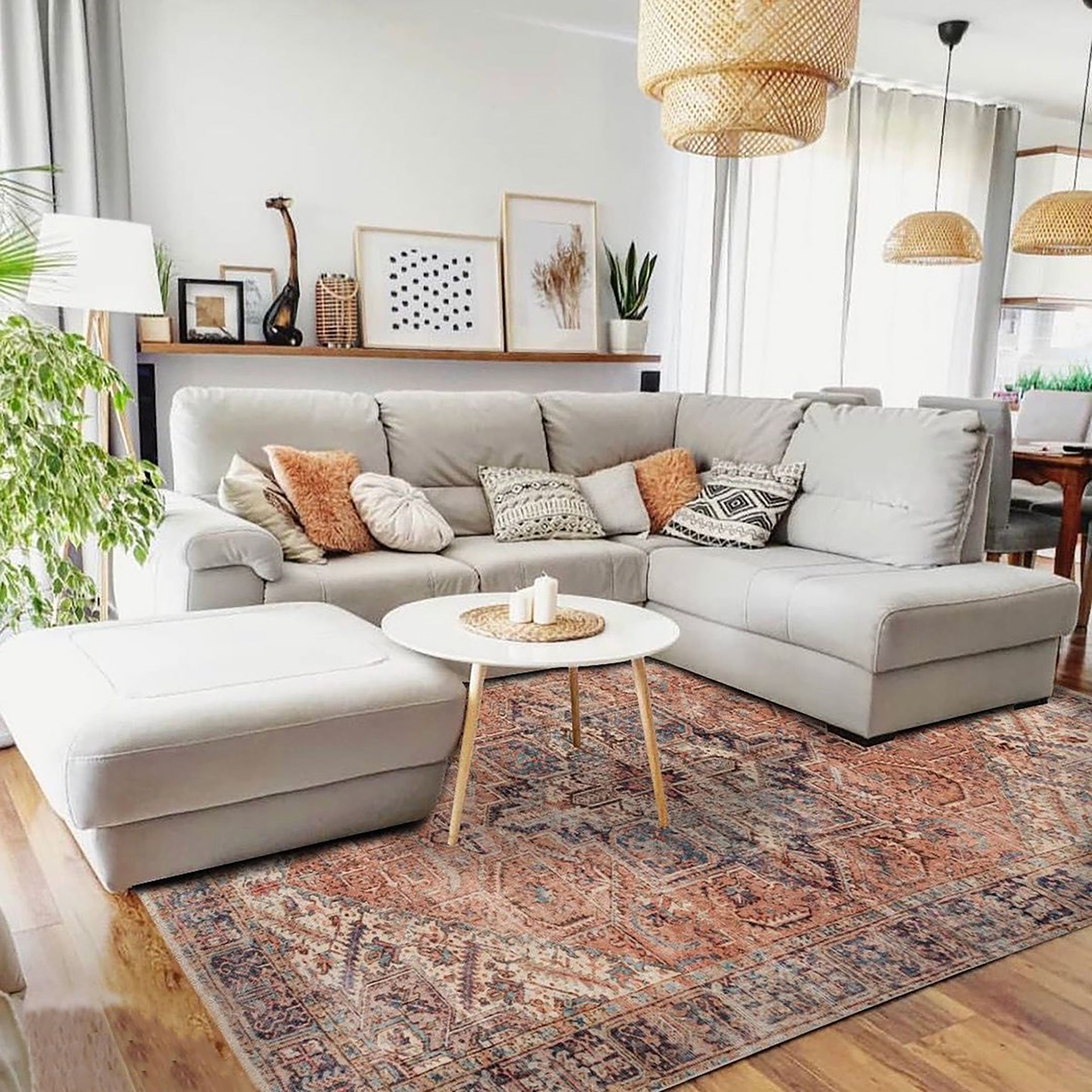 Kiremit ve Mavi Geleneksel Madalyon Eskitme Tasarım Halı