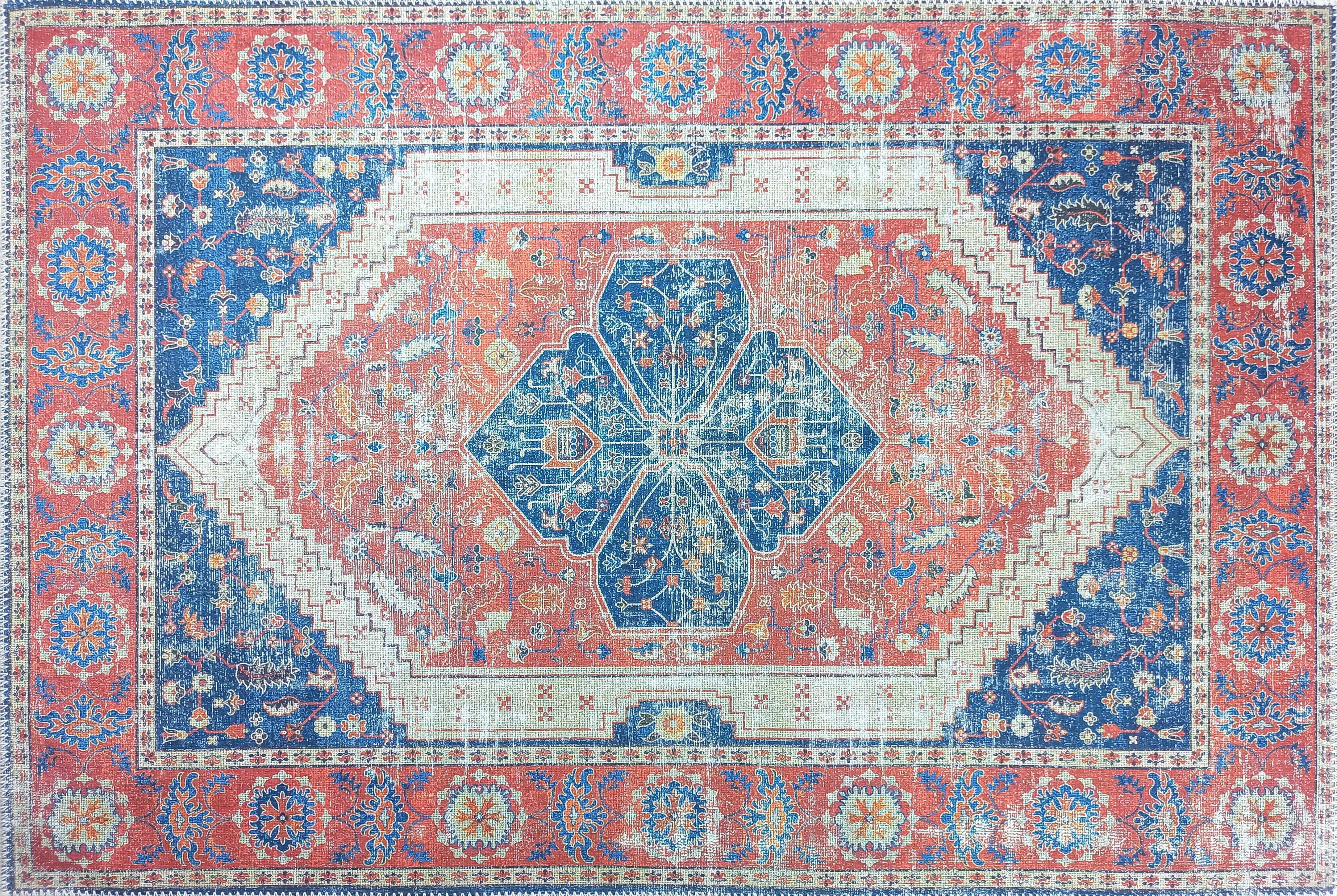 Vintage Eskitme Kırmızı Mavi Halı - Pera Halı