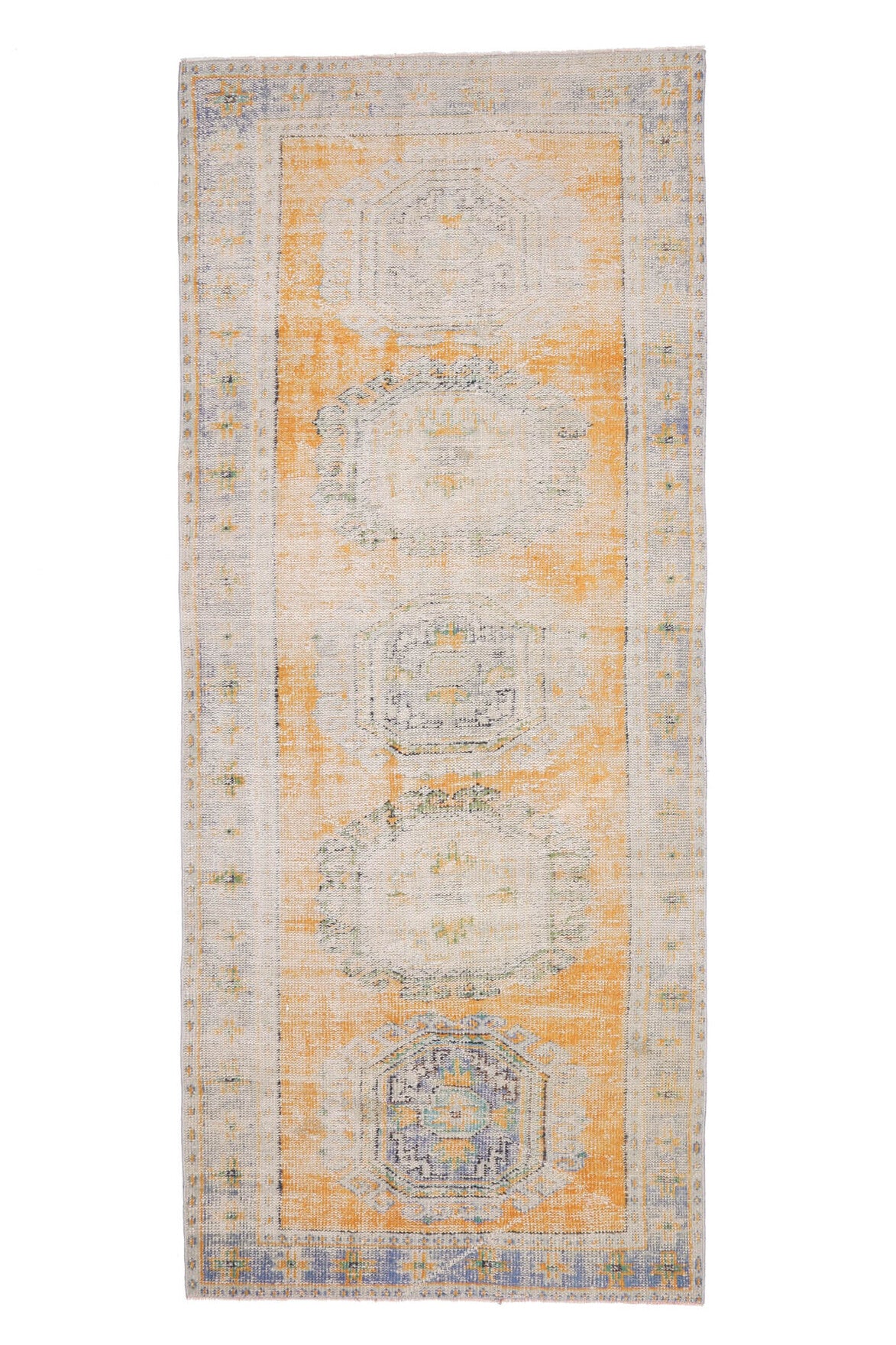 130x322 cm turuncu ve bej oryantal desenli el dokuma vintage yolluk – üstten tam görünüm