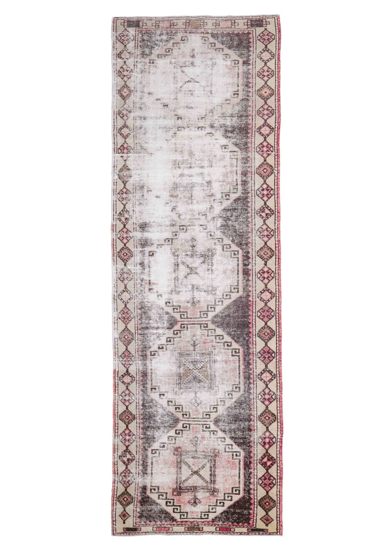 El yapımı vintage yolluk 91x366 cm geometrik desenli yün - açık alan görünümü