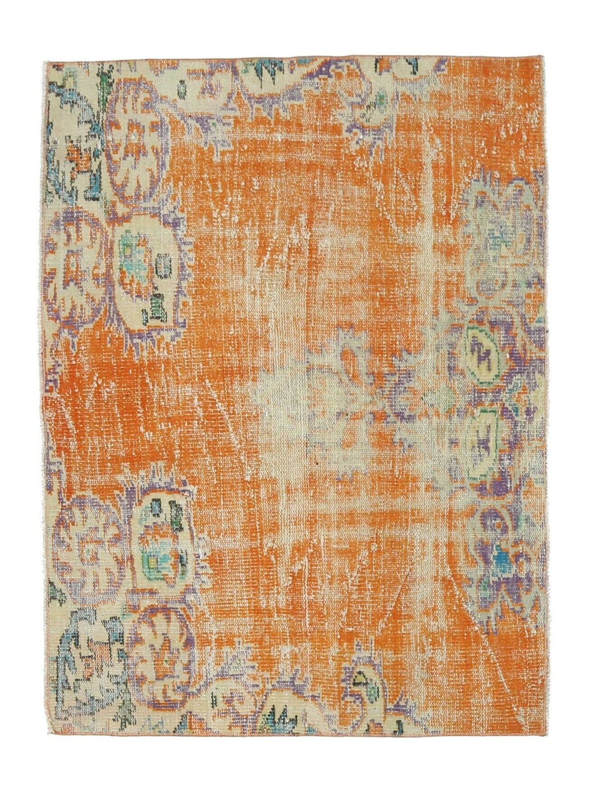 110x147 cm turuncu ve bej oryantal desenli el dokuma vintage halı – üstten tam görünüm