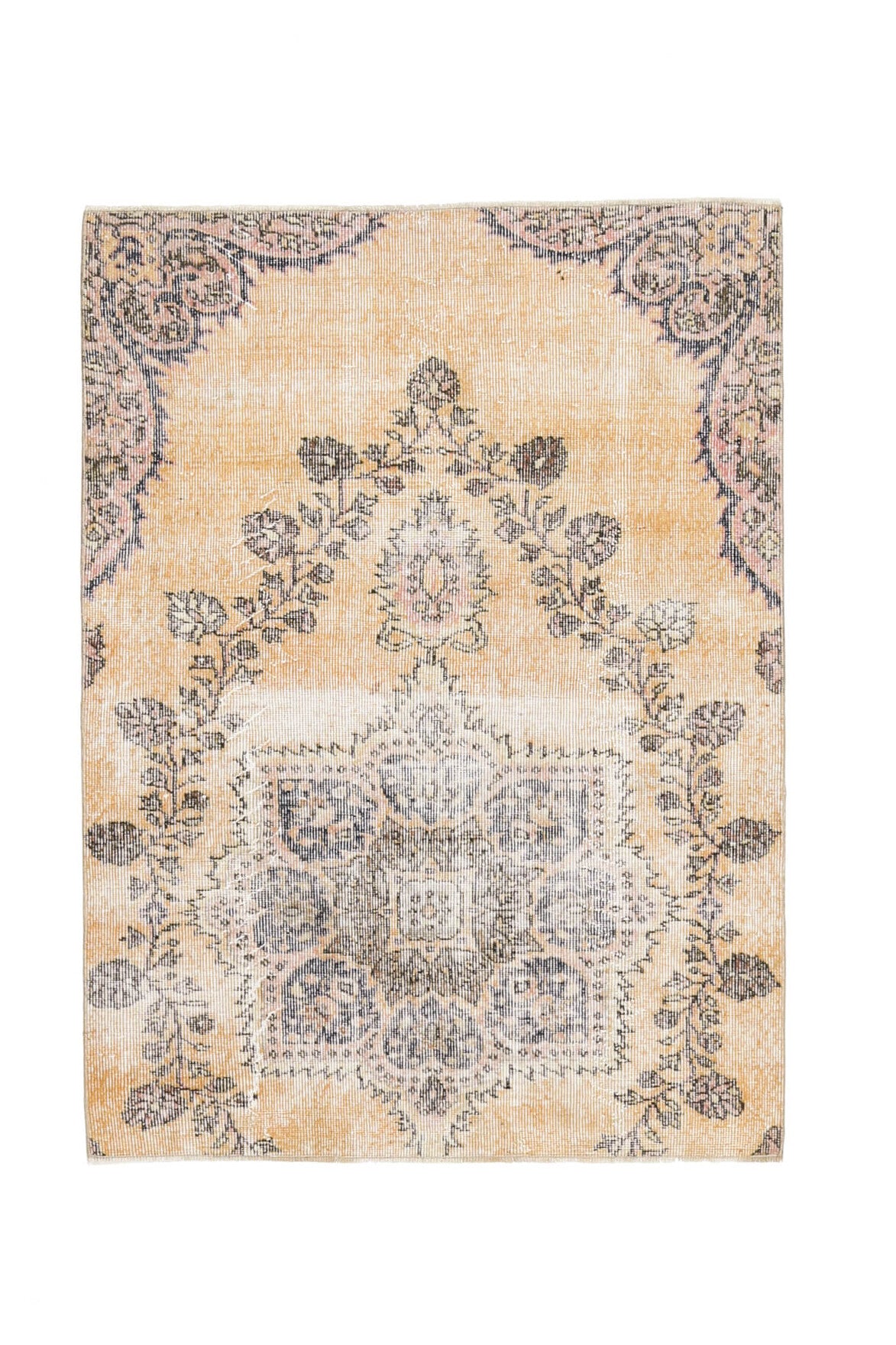 115x155 cm turuncu ve bej oryantal desenli el dokuma vintage halı – üstten tam görünüm