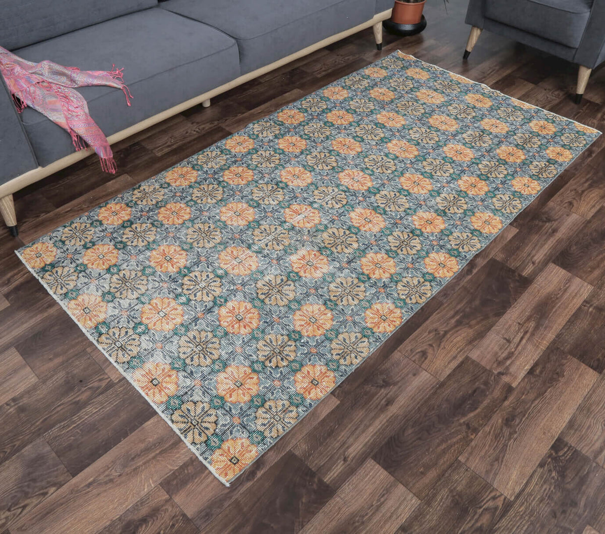 4x7 Vintage Handmade Area Retro Anatolian Floral Rug