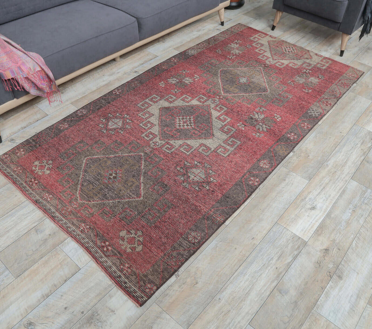 4x8 Vintage Handmade Red Diamond Area Rug