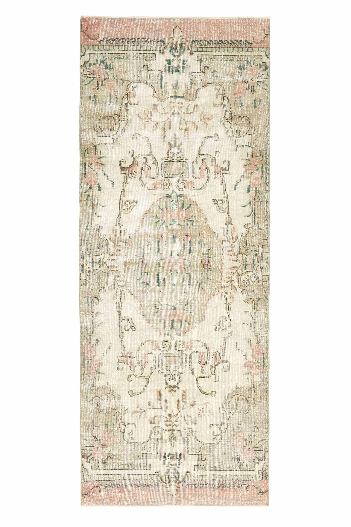 110x286 cm bej ve turuncu oryantal desenli el dokuma vintage yolluk – üstten tam görünüm