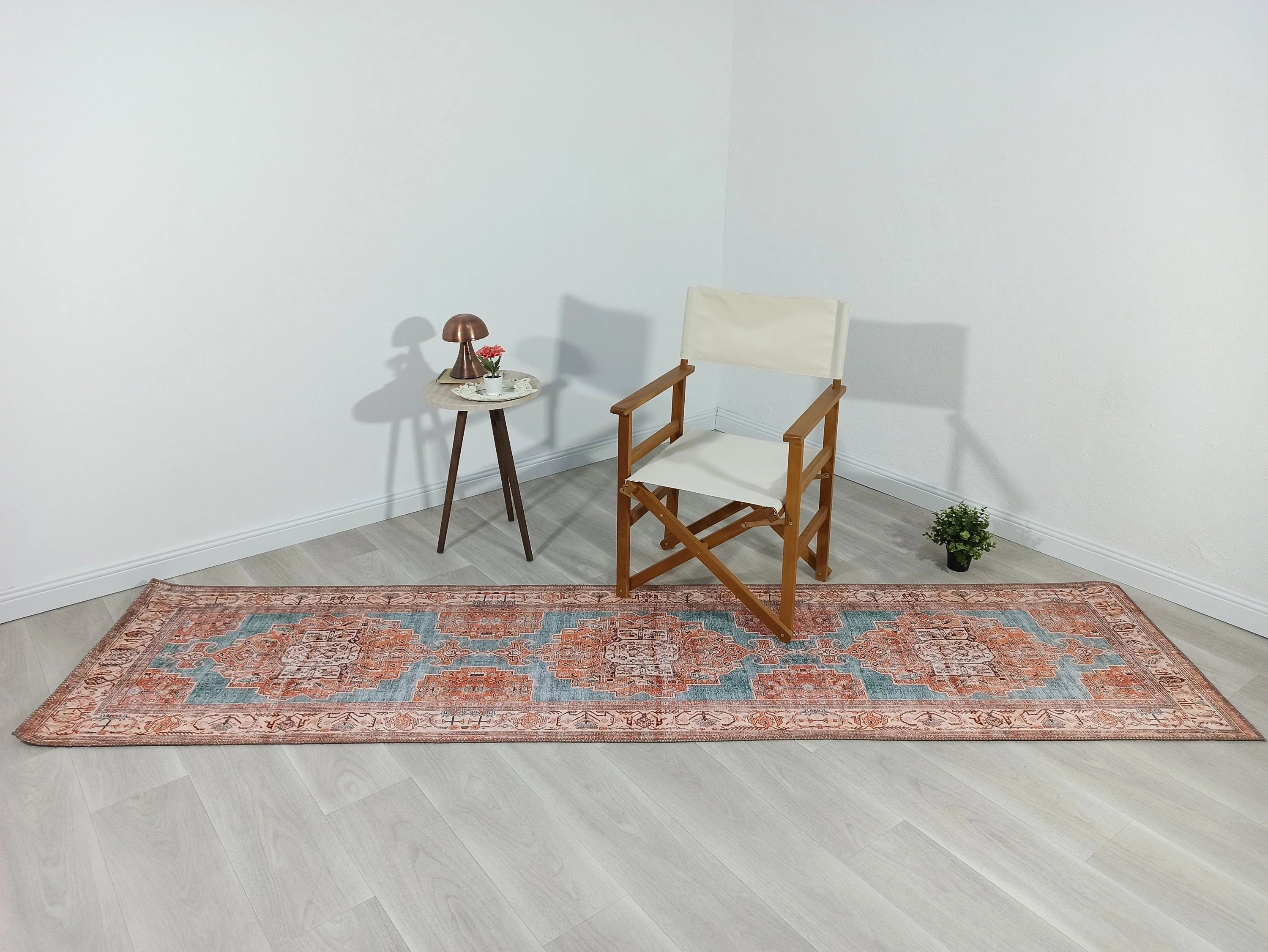 Turkuaz ve Turuncu Medalyonlu Vintage Halı - OUTLET - 50010TOU